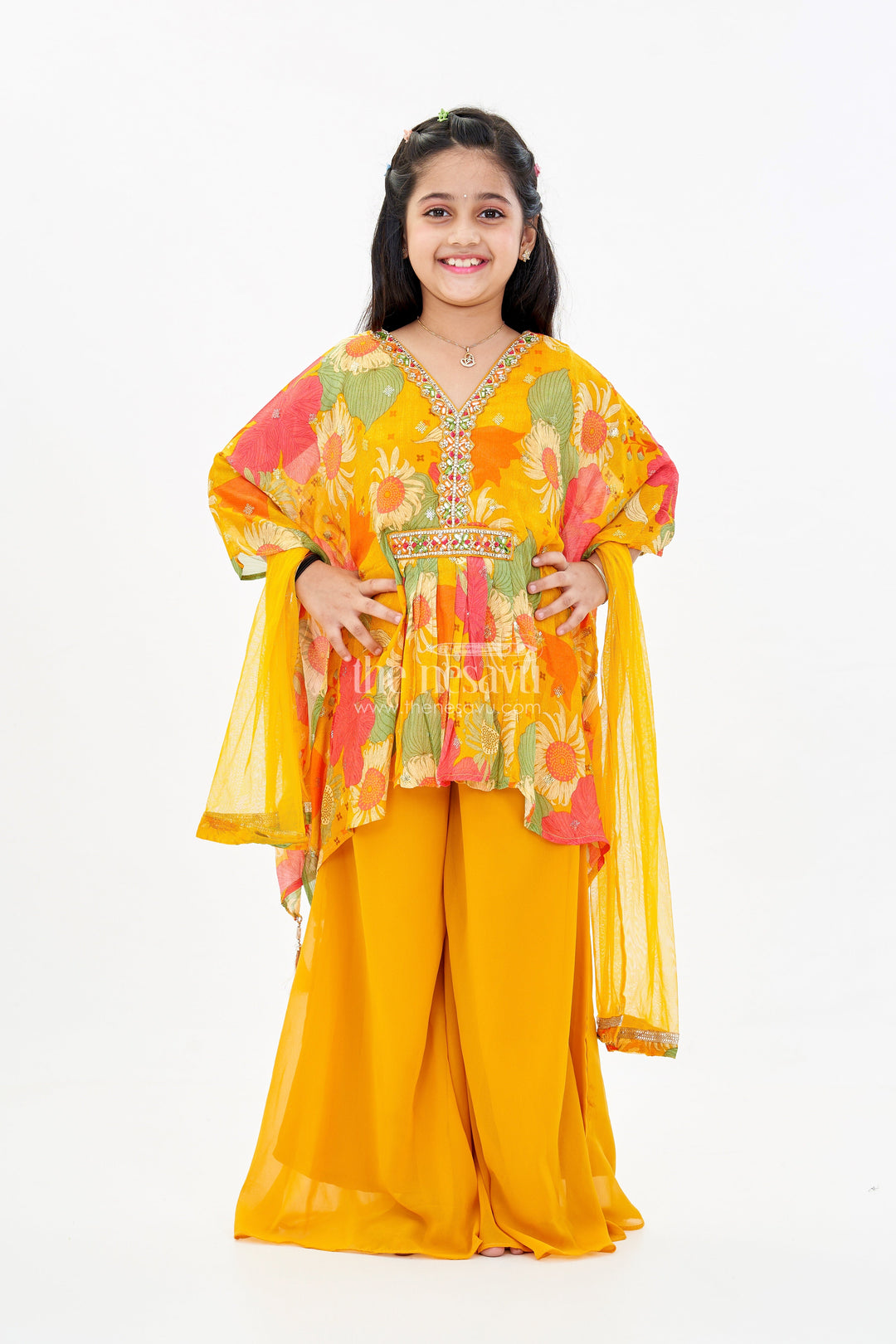 The Nesavu Girls Sharara / Plazo Set Girls Floral Printed Kurti and Plazoo Set in Chinon Silk with Dupatta for Festive Wear Nesavu Girls Floral Printed Kurti Plazoo Set Chinon Silk Dupatta Festive Look | The Nesavu
