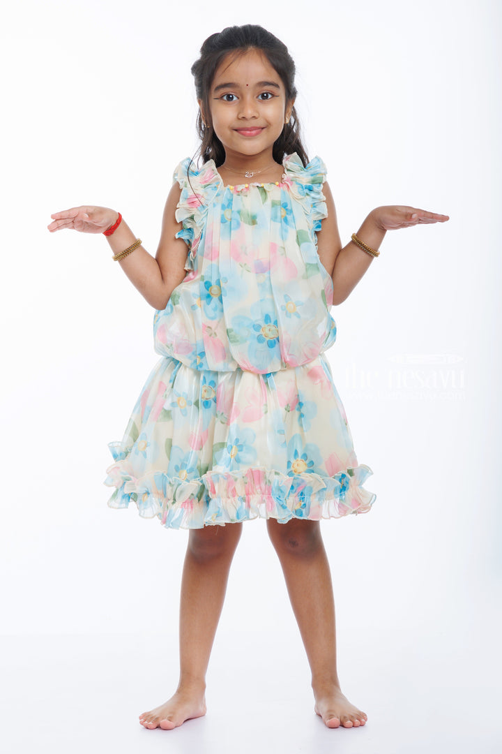 The Nesavu Baby Casual Sets Girls Floral Ruffle Top and Skirt Set in Pastel Tones Nesavu 18 (2Y) / Yellow / Organza Printed BFJ538A-18 Charming Girls Pastel Floral Ruffle Top and Skirt Set | Playful and Pretty | The Nesavu