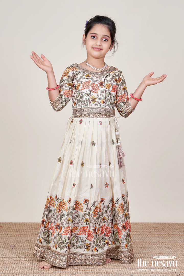 The Nesavu Girls Lehenga Choli Girls Floral Silk Lehenga Choli with Embroidered Yoke for Festive Wear Nesavu 24 (5Y) / Cream GL732A-24 Nesavu girls floral silk lehenga choli embroidery weddings cultural celebrations