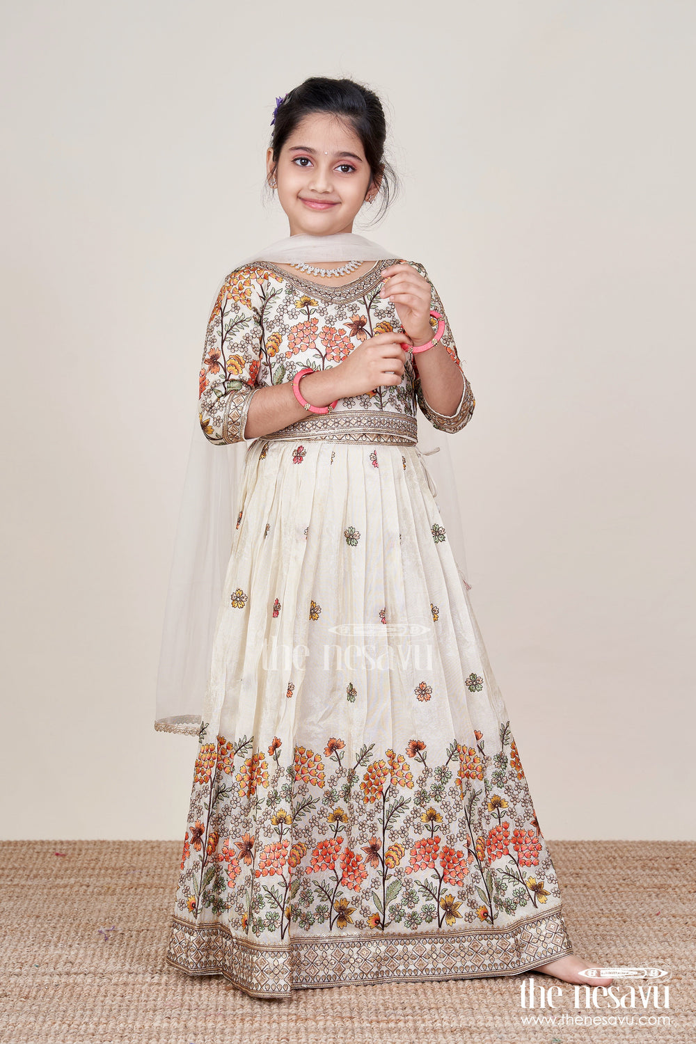 The Nesavu Girls Lehenga Choli Girls Floral Silk Lehenga Choli with Embroidered Yoke for Festive Wear Nesavu Nesavu girls floral silk lehenga choli embroidery weddings cultural celebrations