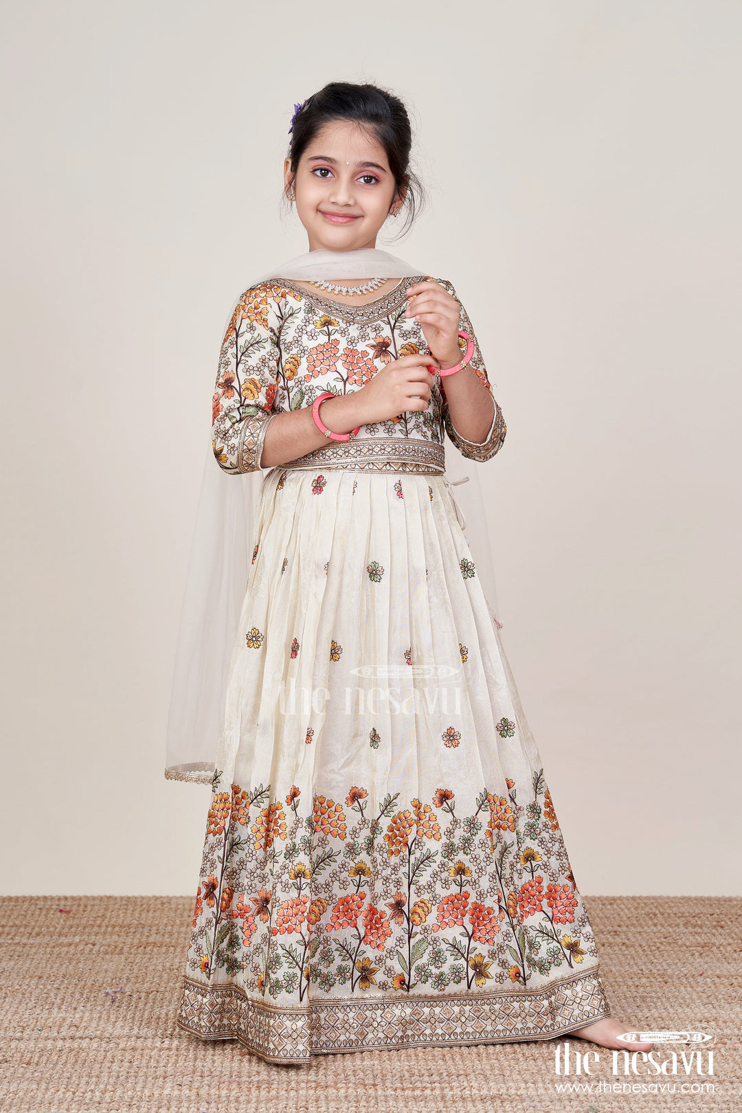 The Nesavu Girls Lehenga Choli Girls Floral Silk Lehenga Choli with Embroidered Yoke for Festive Wear Nesavu Nesavu girls floral silk lehenga choli embroidery weddings cultural celebrations