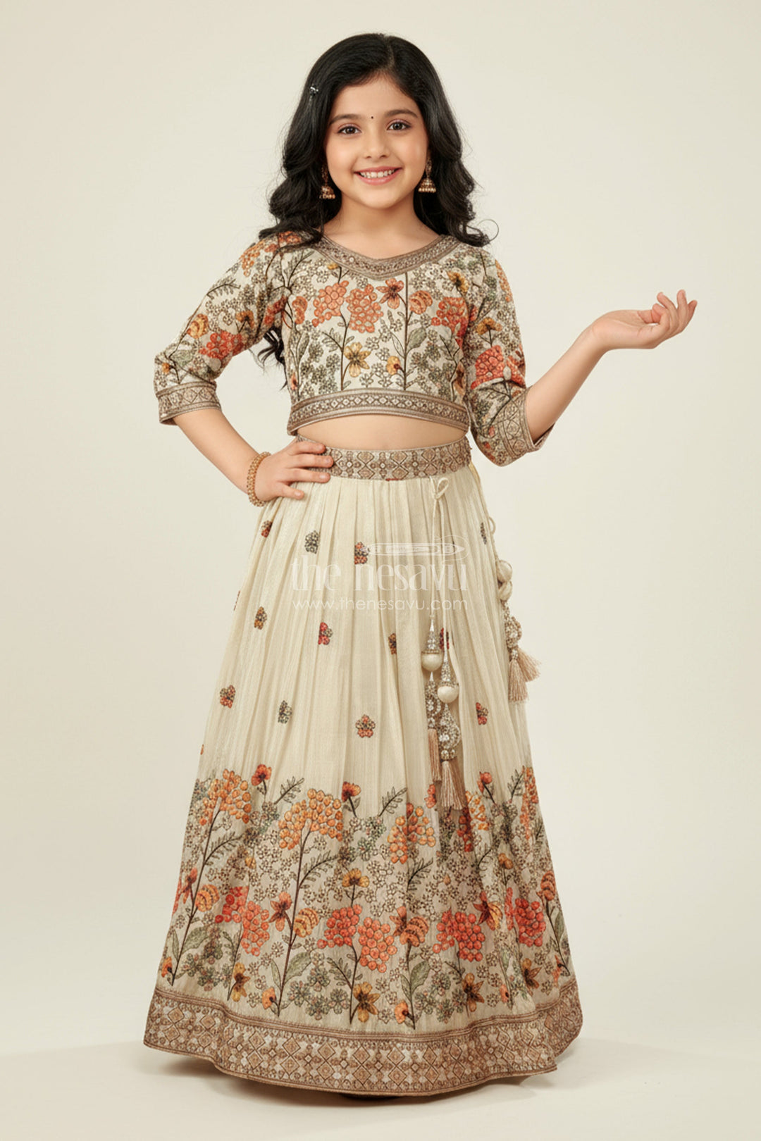 The Nesavu Girls Lehenga Choli Girls Floral Silk Lehenga Choli with Embroidered Yoke for Festive Wear Nesavu Nesavu girls floral silk lehenga choli embroidery weddings cultural celebrations