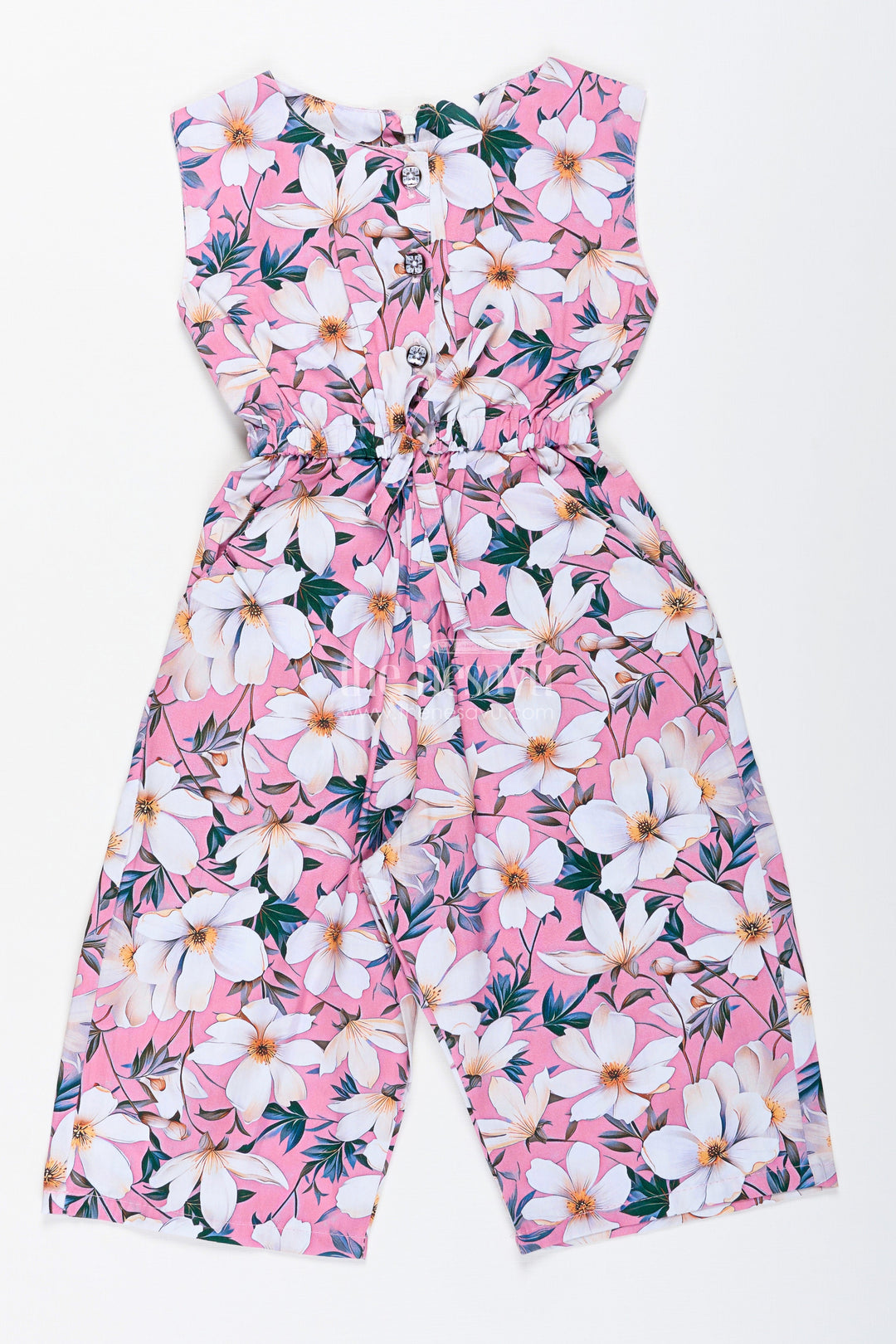 The Nesavu Girls Jumpsuit Girls Floral Sleeveless Jumpsuit for Weekend Fun and Everyday Style Nesavu 20 (3Y) / Pink GFC1898A-20 Nesavu Pink Floral Cotton Jumpsuit Girls Summer Outfit Matching Headband Belt