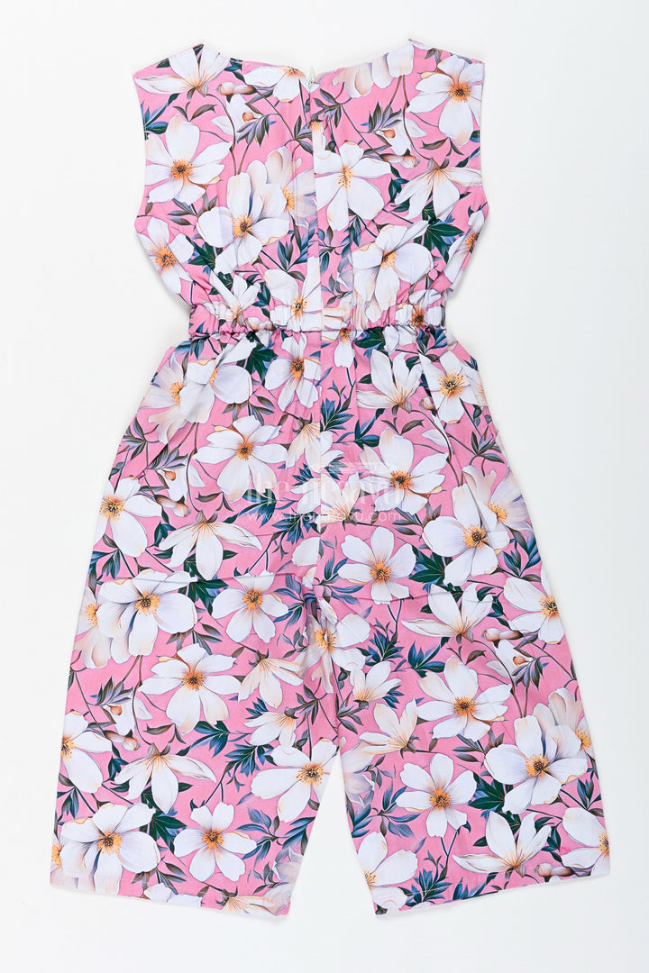 The Nesavu Girls Jumpsuit Girls Floral Sleeveless Jumpsuit for Weekend Fun and Everyday Style Nesavu Nesavu Pink Floral Cotton Jumpsuit Girls Summer Outfit Matching Headband Belt