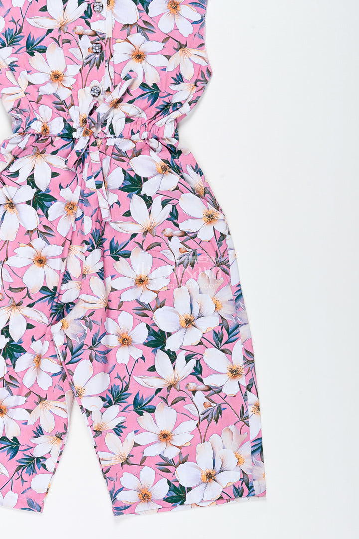 The Nesavu Girls Jumpsuit Girls Floral Sleeveless Jumpsuit for Weekend Fun and Everyday Style Nesavu Nesavu Pink Floral Cotton Jumpsuit Girls Summer Outfit Matching Headband Belt