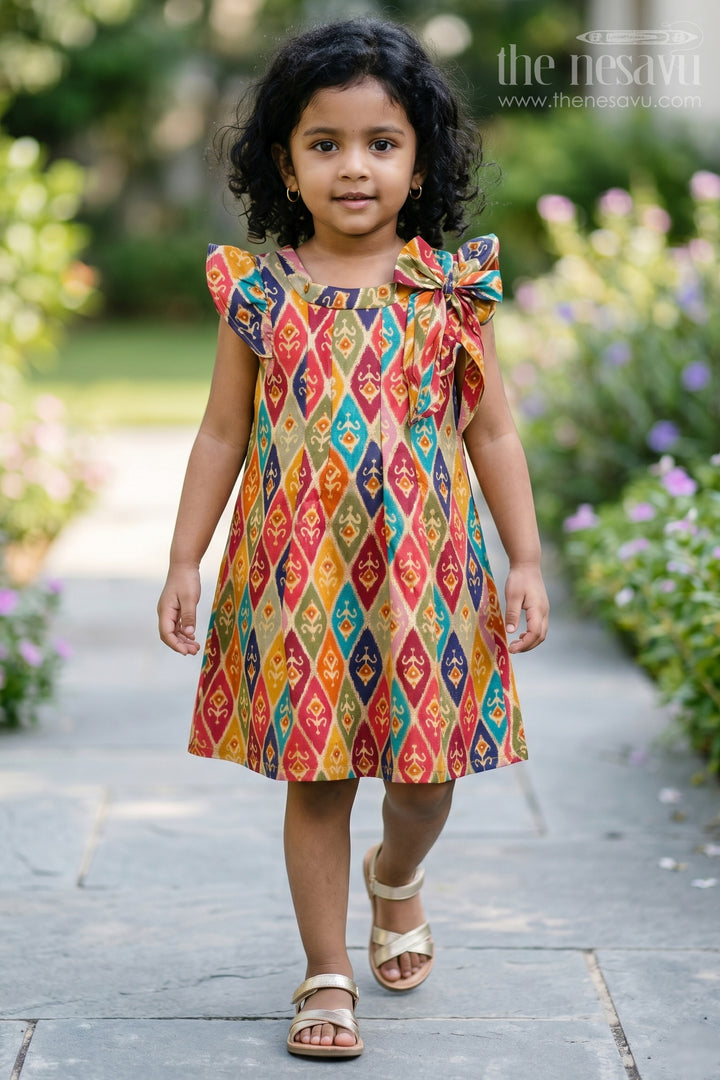 The Nesavu Girls Cotton Frock Girls Flower Frock in Muslin Silk with Traditional Ikat Print and Stylish Bow Nesavu 16 (1Y) / Multicolor GFC1609B-16 Girls Flower Frock Muslin Silk Traditional Ikat Print Stylish Bow | The Nesavu