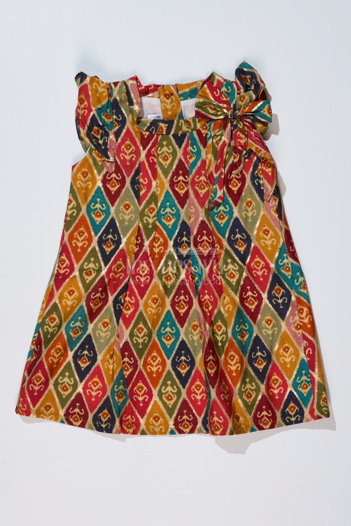 The Nesavu Girls Cotton Frock Girls Flower Frock in Muslin Silk with Traditional Ikat Print and Stylish Bow Nesavu 16 (1Y) / Multicolor GFC1609B-16 Nesavu Girls Flower Frock Muslin Silk Traditional Ikat Print Stylish Bow