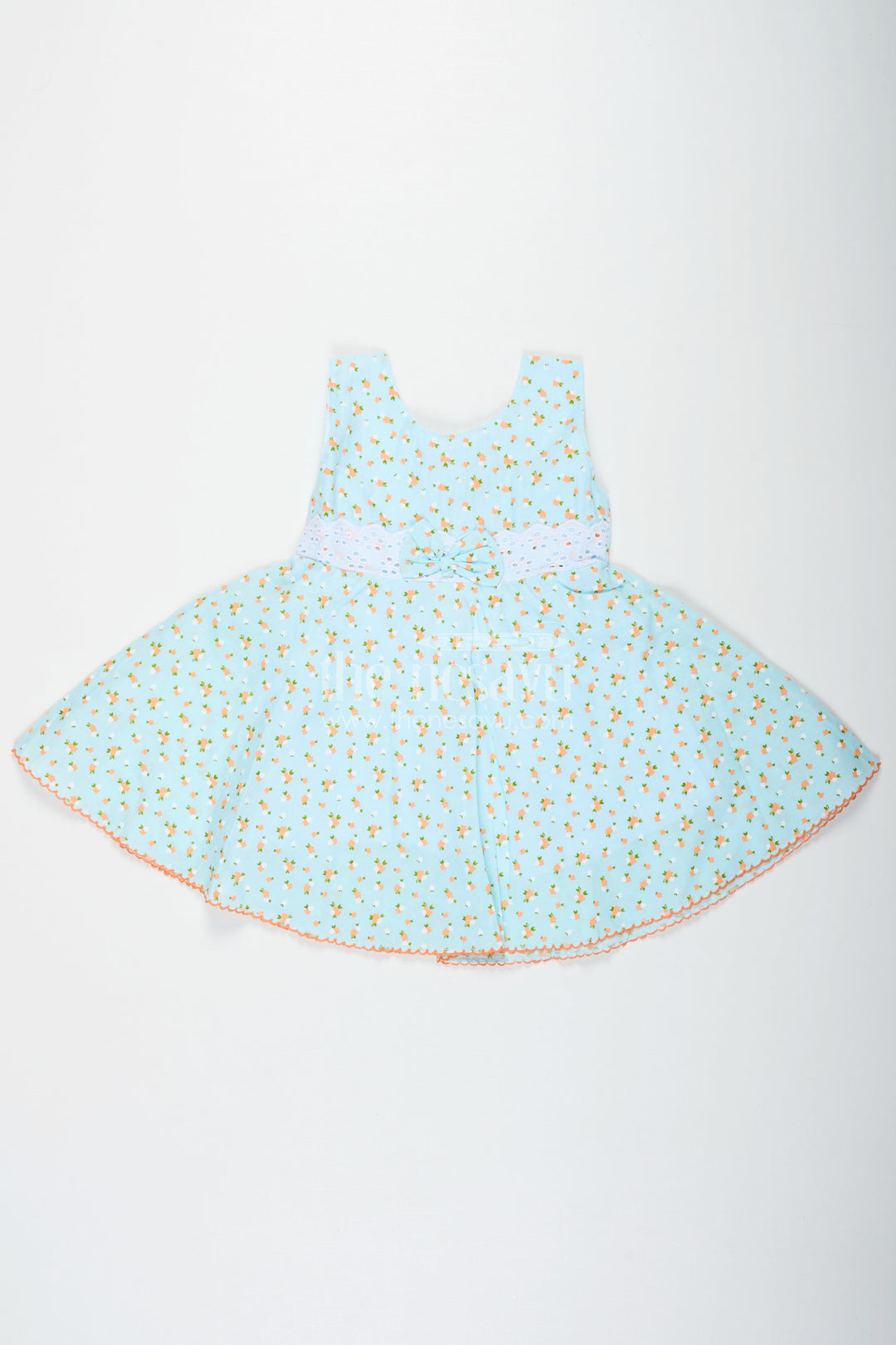 The Nesavu Baby Cotton Frocks Girls Flower Girl Dresses in Light Blue Cotton with Allover Floral Print and Elegant Lace Bow Waist Nesavu 14 (6M) / Blue BFJ752C-14 Girls Cotton Flower Girl Dresses Lace Bow Orange Floral Print Everyday Comfort | The Nesavu