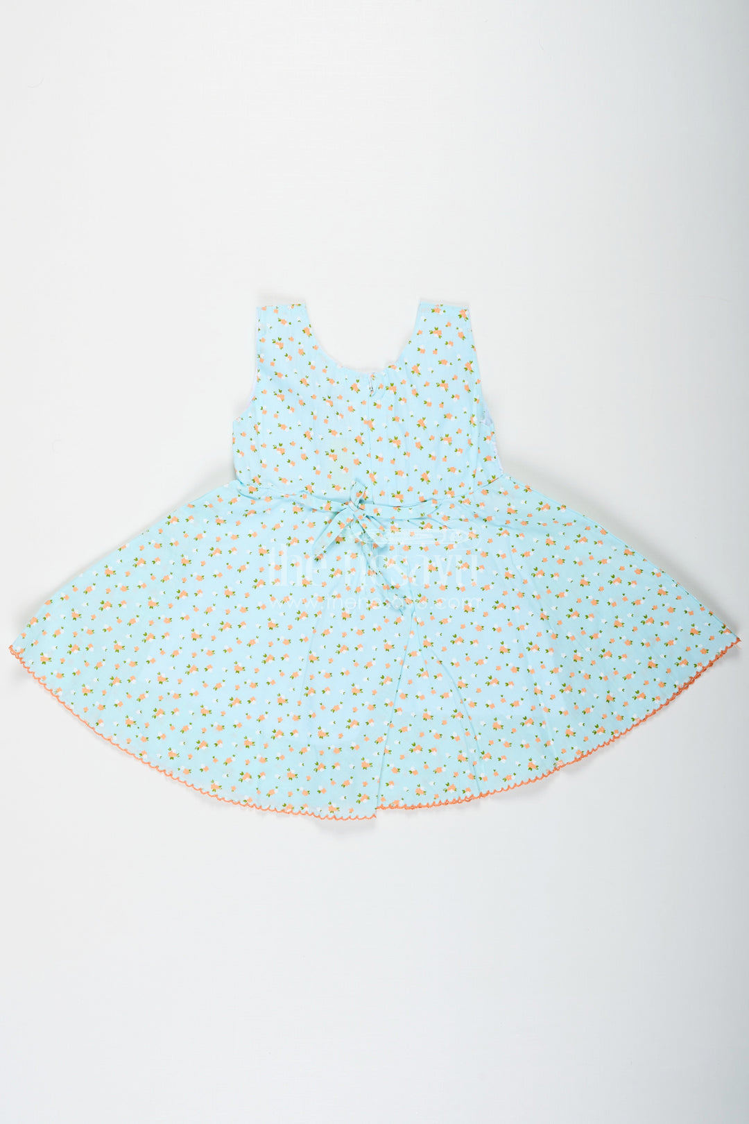 The Nesavu Baby Cotton Frocks Girls Flower Girl Dresses in Light Blue Cotton with Allover Floral Print and Elegant Lace Bow Waist Nesavu Girls Cotton Flower Girl Dresses Lace Bow Orange Floral Print Everyday Comfort | The Nesavu