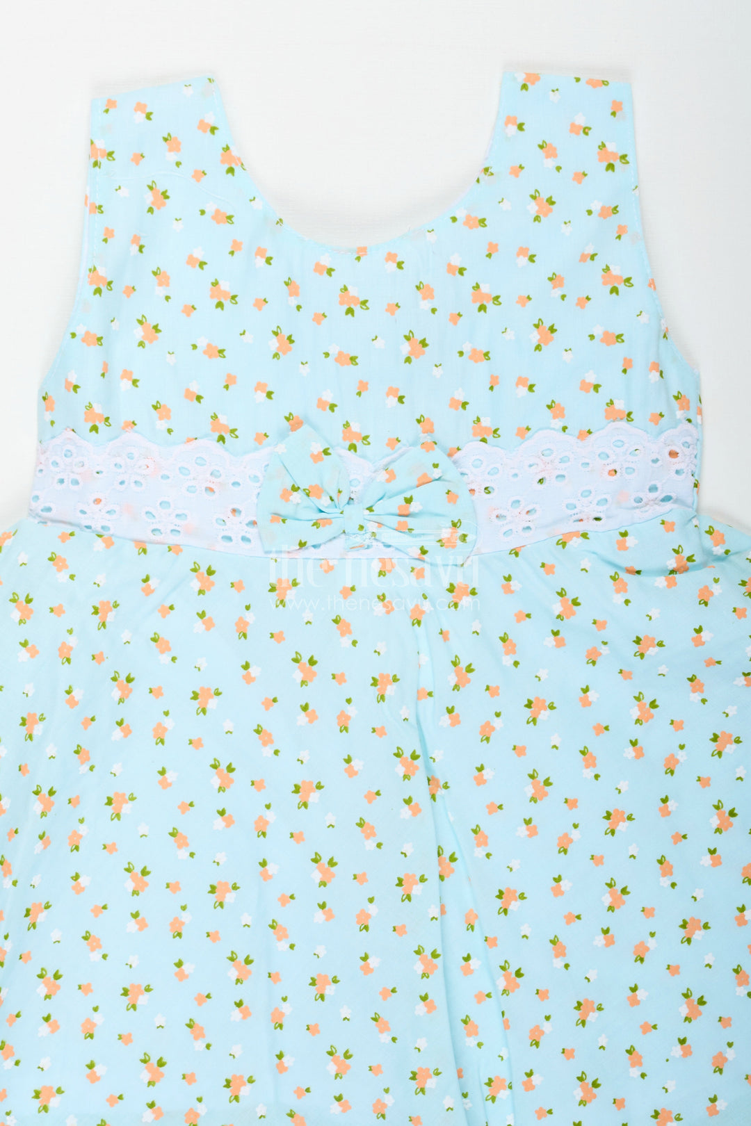 The Nesavu Baby Cotton Frocks Girls Flower Girl Dresses in Light Blue Cotton with Allover Floral Print and Elegant Lace Bow Waist Nesavu Girls Cotton Flower Girl Dresses Lace Bow Orange Floral Print Everyday Comfort | The Nesavu