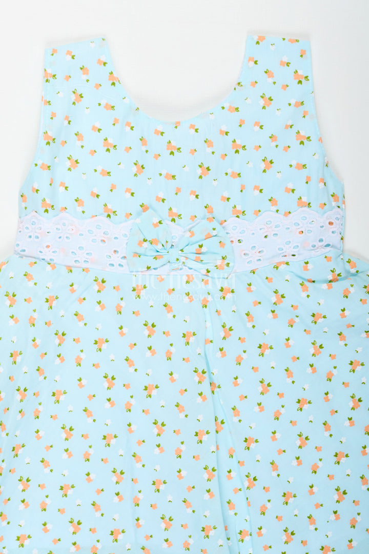 The Nesavu Baby Cotton Frocks Girls Flower Girl Dresses in Light Blue Cotton with Allover Floral Print and Elegant Lace Bow Waist Nesavu Girls Cotton Flower Girl Dresses Lace Bow Orange Floral Print Everyday Comfort | The Nesavu