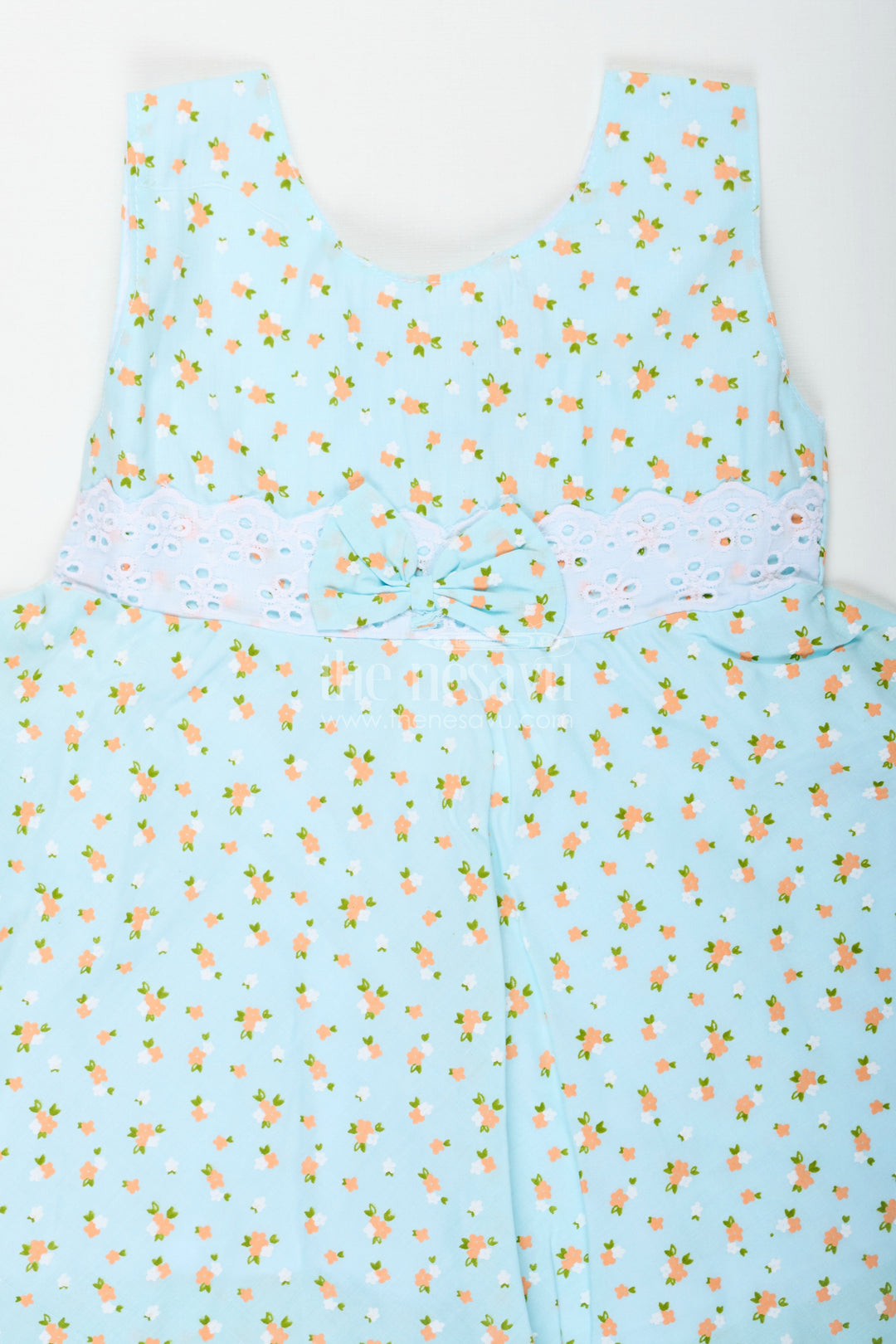 The Nesavu Baby Cotton Frocks Girls Flower Girl Dresses in Light Blue Cotton with Allover Floral Print and Elegant Lace Bow Waist Nesavu Girls Cotton Flower Girl Dresses Lace Bow Orange Floral Print Everyday Comfort | The Nesavu