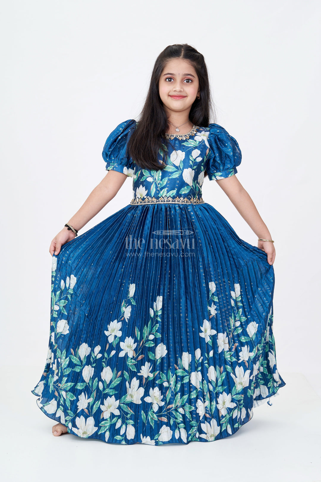 The Nesavu Girls Party Gown Girls Flower Print Anarkali Dress in Chinon Silk with Digital Floral Motifs and Sequin Embroidery Highlights Nesavu 24 (5Y) / Blue GA303A-24 Girls Chinon Silk Flower Print Anarkali Dress Digital Floral Design Sequin Embroidery | The Nesavu