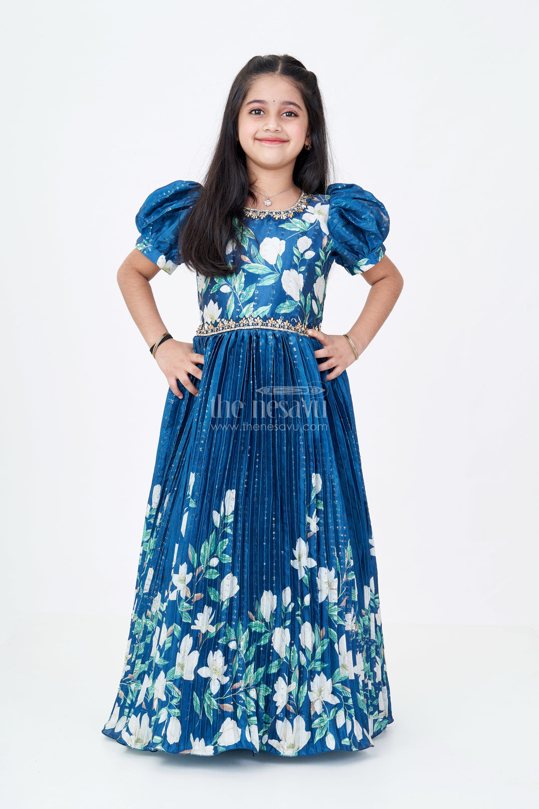 The Nesavu Girls Party Gown Girls Flower Print Anarkali Dress in Chinon Silk with Digital Floral Motifs and Sequin Embroidery Highlights Nesavu Girls Chinon Silk Flower Print Anarkali Dress Digital Floral Design Sequin Embroidery | The Nesavu