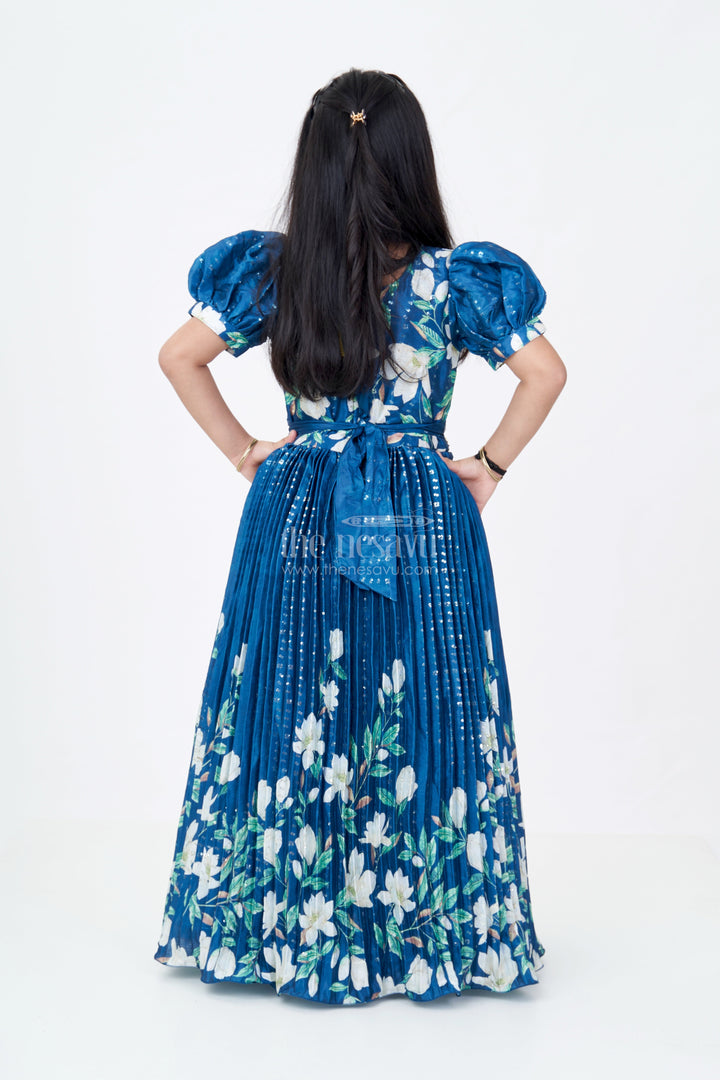 The Nesavu Girls Party Gown Girls Flower Print Anarkali Dress in Chinon Silk with Digital Floral Motifs and Sequin Embroidery Highlights Nesavu Nesavu Girls Chinon Silk Flower Print Anarkali Dress Digital Floral Design Sequin Embroidery