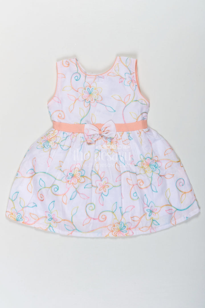 The Nesavu Baby Cotton Frocks Girls Flower White Dress in Cotton with Multicolor Floral Embroidery and Peach Waist Bow Nesavu 14 (6M) / White BFJ754A-14 Flower White Dress Girls Embroidered Cotton Multicolor Floral Patterns Bow Accent | The Nesavu