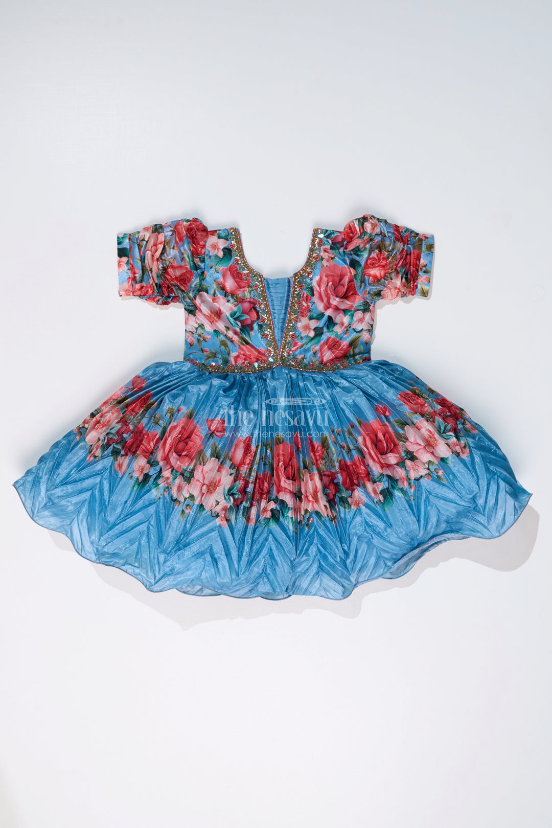 The Nesavu Silk Party Frock Girls Flowery Frock with Digital Floral Print and Embellished Bodice for a Stylish Party Look Nesavu Girls Flowery Frock Digital Floral Print Embellished Puff Sleeves | The Nesavu