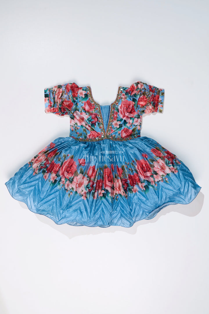 The Nesavu Silk Party Frock Girls Flowery Frock with Digital Floral Print and Embellished Bodice for a Stylish Party Look Nesavu Girls Flowery Frock Digital Floral Print Embellished Puff Sleeves | The Nesavu