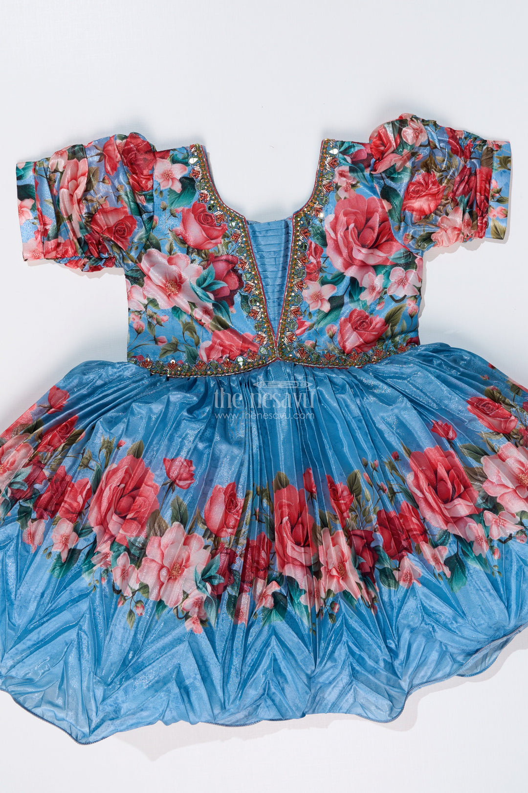 The Nesavu Silk Party Frock Girls Flowery Frock with Digital Floral Print and Embellished Bodice for a Stylish Party Look Nesavu Girls Flowery Frock Digital Floral Print Embellished Puff Sleeves | The Nesavu