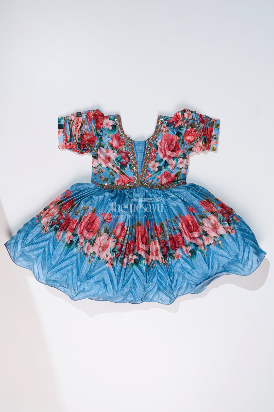 The Nesavu Silk Party Frock Girls Flowery Frock with Digital Floral Print and Embellished Bodice for a Stylish Party Look Nesavu Girls Flowery Frock Digital Floral Print Embellished Puff Sleeves | The Nesavu
