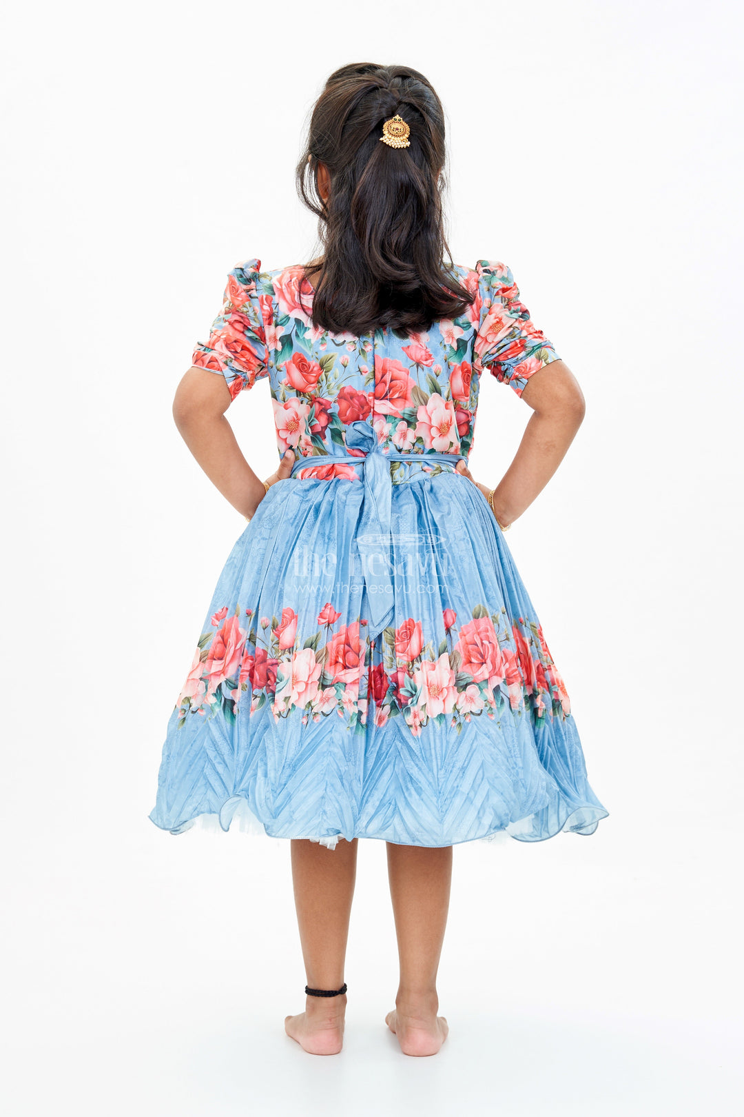 The Nesavu Silk Party Frock Girls Flowery Frock with Digital Floral Print and Embellished Bodice for a Stylish Party Look Nesavu Girls Flowery Frock Digital Floral Print Embellished Puff Sleeves | The Nesavu