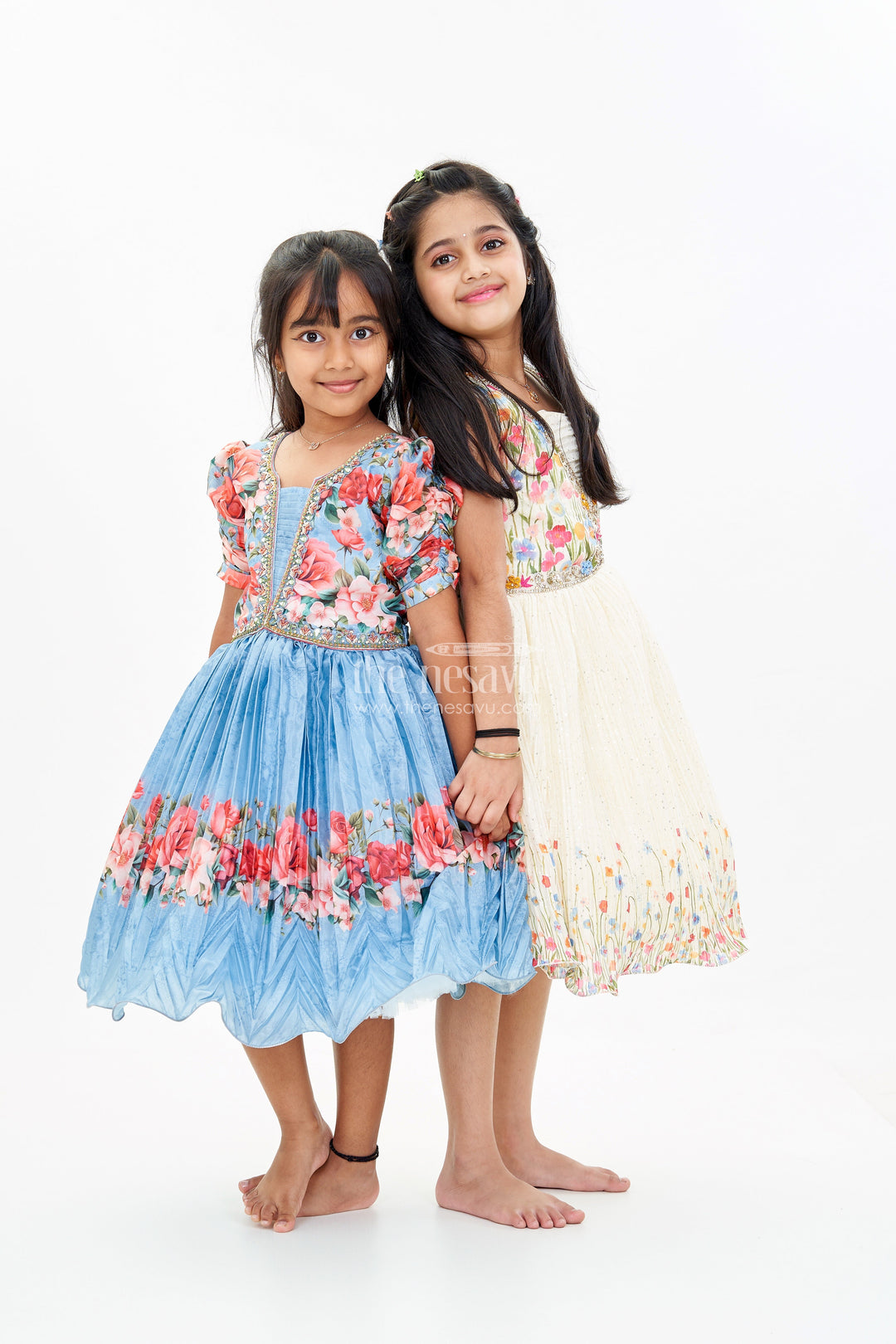The Nesavu Silk Party Frock Girls Flowery Frock with Digital Floral Print and Embellished Bodice for a Stylish Party Look Nesavu Girls Flowery Frock Digital Floral Print Embellished Puff Sleeves | The Nesavu