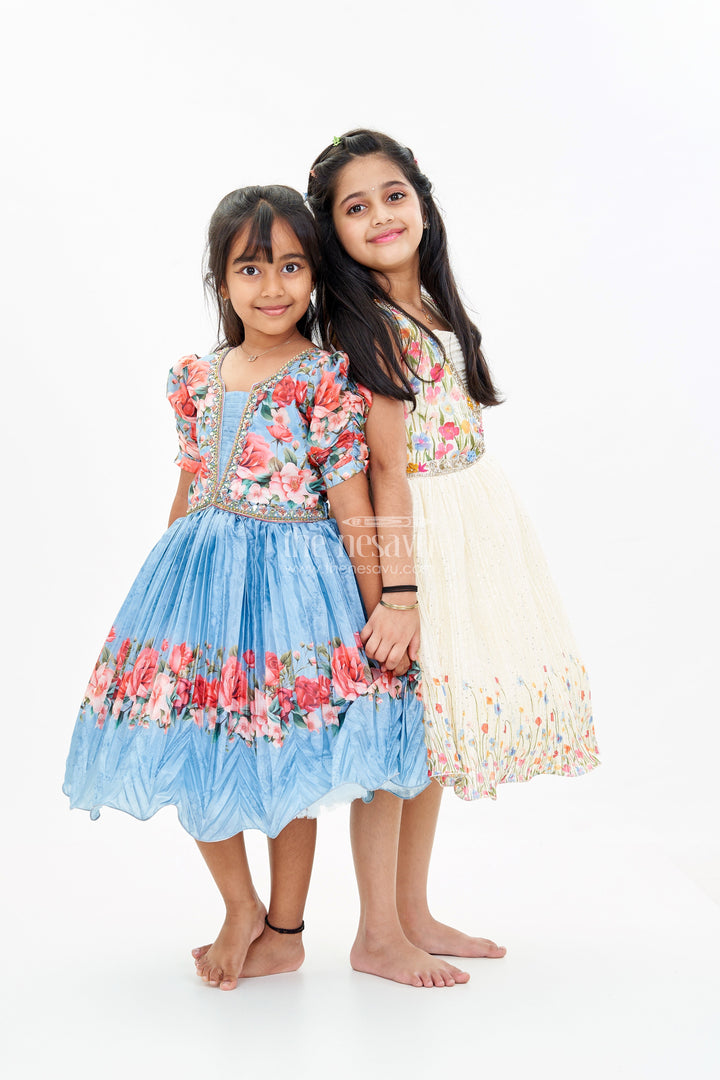 The Nesavu Silk Party Frock Girls Flowery Frock with Digital Floral Print and Embellished Bodice for a Stylish Party Look Nesavu Girls Flowery Frock Digital Floral Print Embellished Puff Sleeves | The Nesavu