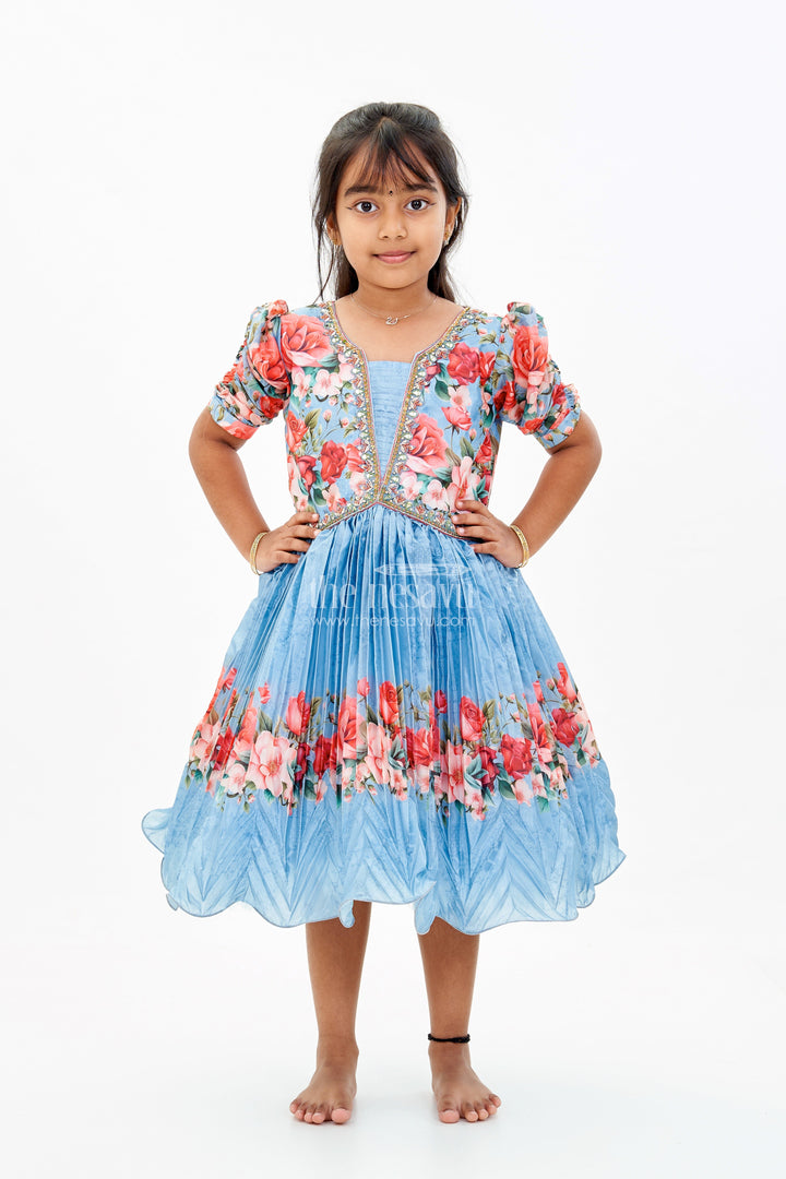 The Nesavu Silk Party Frock Girls Flowery Frock with Digital Floral Print and Embellished Bodice for a Stylish Party Look Nesavu Girls Flowery Frock Digital Floral Print Embellished Puff Sleeves | The Nesavu