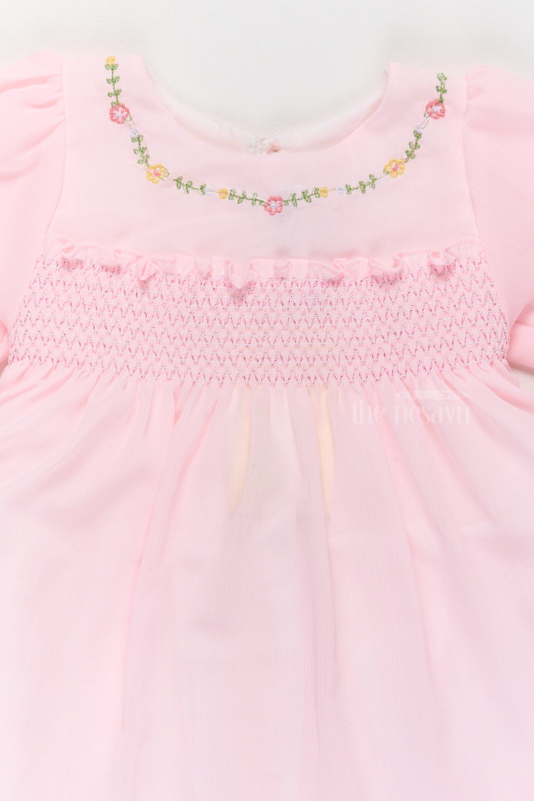 The Nesavu Girls Fancy Frock Girls Formal Dresses in Soft Pink with Smocked Detailing and Puff Sleeves Nesavu 16 (1Y) / Pink GFC1499B-16 Girls Formal Dresses Puff Sleeves Smocked Bodice Floral Embroidery | The Nesavu