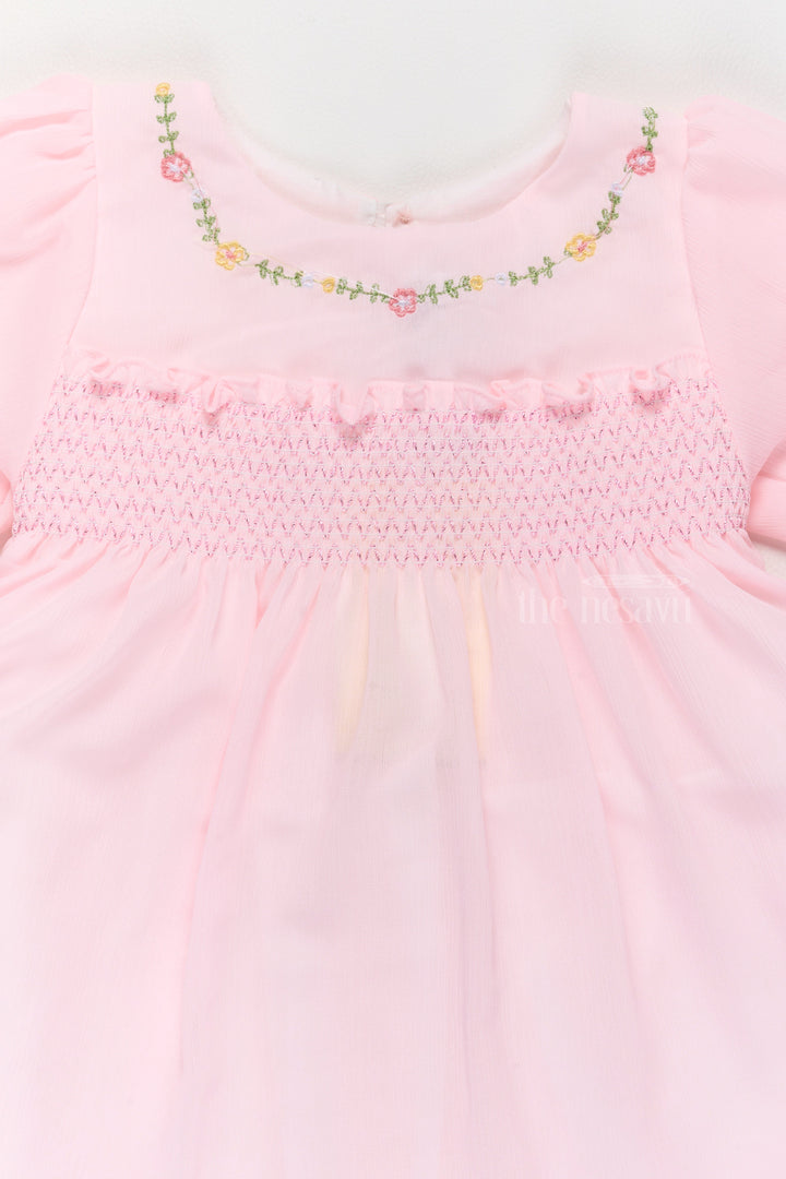 The Nesavu Girls Fancy Frock Girls Formal Dresses in Soft Pink with Smocked Detailing and Puff Sleeves Nesavu 16 (1Y) / Pink GFC1499B-16 Girls Formal Dresses Puff Sleeves Smocked Bodice Floral Embroidery | The Nesavu