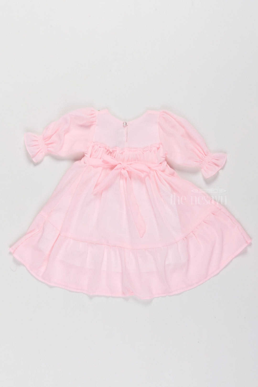 The Nesavu Girls Fancy Frock Girls Formal Dresses in Soft Pink with Smocked Detailing and Puff Sleeves Nesavu Girls Formal Dresses Puff Sleeves Smocked Bodice Floral Embroidery | The Nesavu