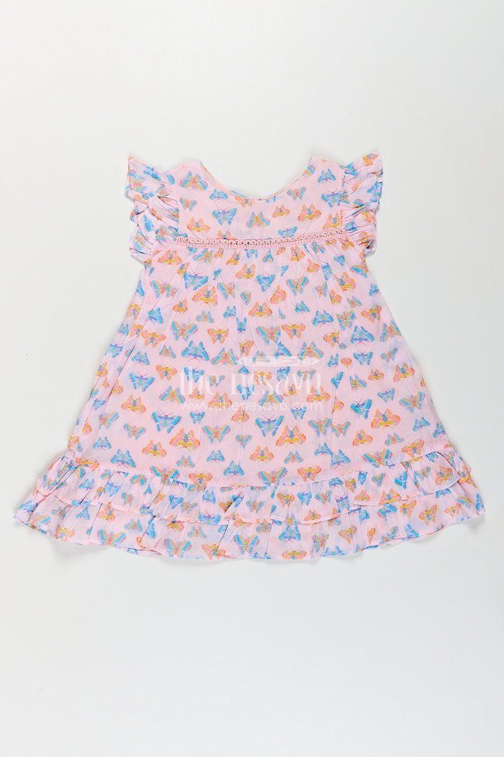 The Nesavu Girls Cotton Frock Girls Frill Sleeve Frock in Cotton with Butterfly Digital Print and Ruffle Hem for Breezy Everyday Style Nesavu 18 (2Y) / Pink GFC1762A-18 Nesavu Girls Frill Sleeve Frock Cotton Butterfly Digital Print Ruffled Hem Design