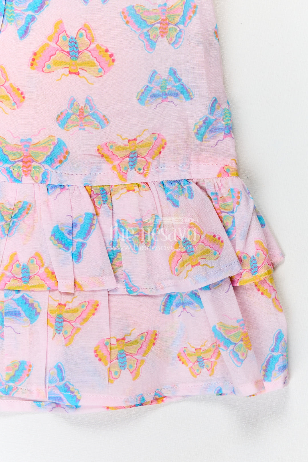 The Nesavu Girls Cotton Frock Girls Frill Sleeve Frock in Cotton with Butterfly Digital Print and Ruffle Hem for Breezy Everyday Style Nesavu Nesavu Girls Frill Sleeve Frock Cotton Butterfly Digital Print Ruffled Hem Design