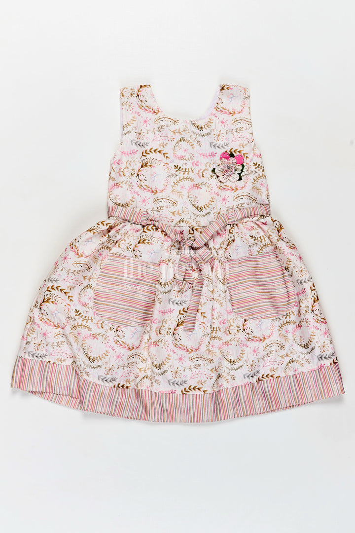 The Nesavu Girls Cotton Frock Girls Frock Belt Design in Flax Cotton with Pink Floral Digital Print and Striped Patch Pockets Nesavu 22 (4Y) / Brown GFC1678B-22 Nesavu Girls Pink Floral Belted Frock Design Flax Cotton Pockets Applique