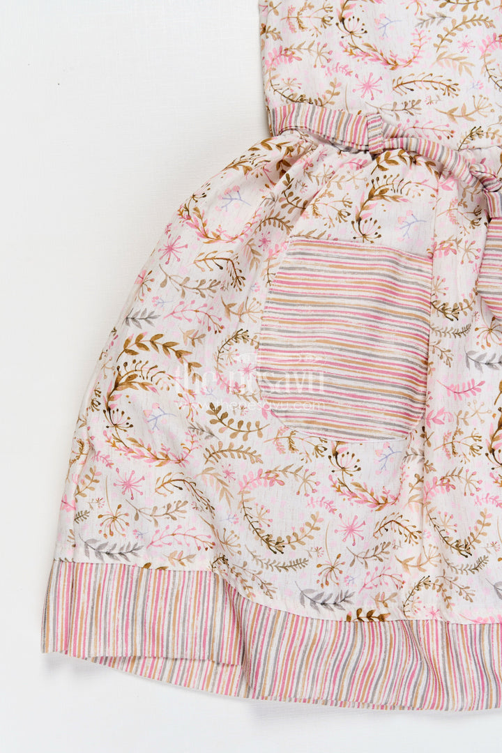 The Nesavu Girls Cotton Frock Girls Frock Belt Design in Flax Cotton with Pink Floral Digital Print and Striped Patch Pockets Nesavu Nesavu Girls Pink Floral Belted Frock Design Flax Cotton Pockets Applique