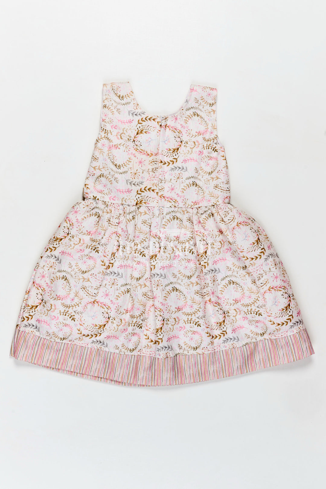 The Nesavu Girls Cotton Frock Girls Frock Belt Design in Flax Cotton with Pink Floral Digital Print and Striped Patch Pockets Nesavu Nesavu Girls Pink Floral Belted Frock Design Flax Cotton Pockets Applique