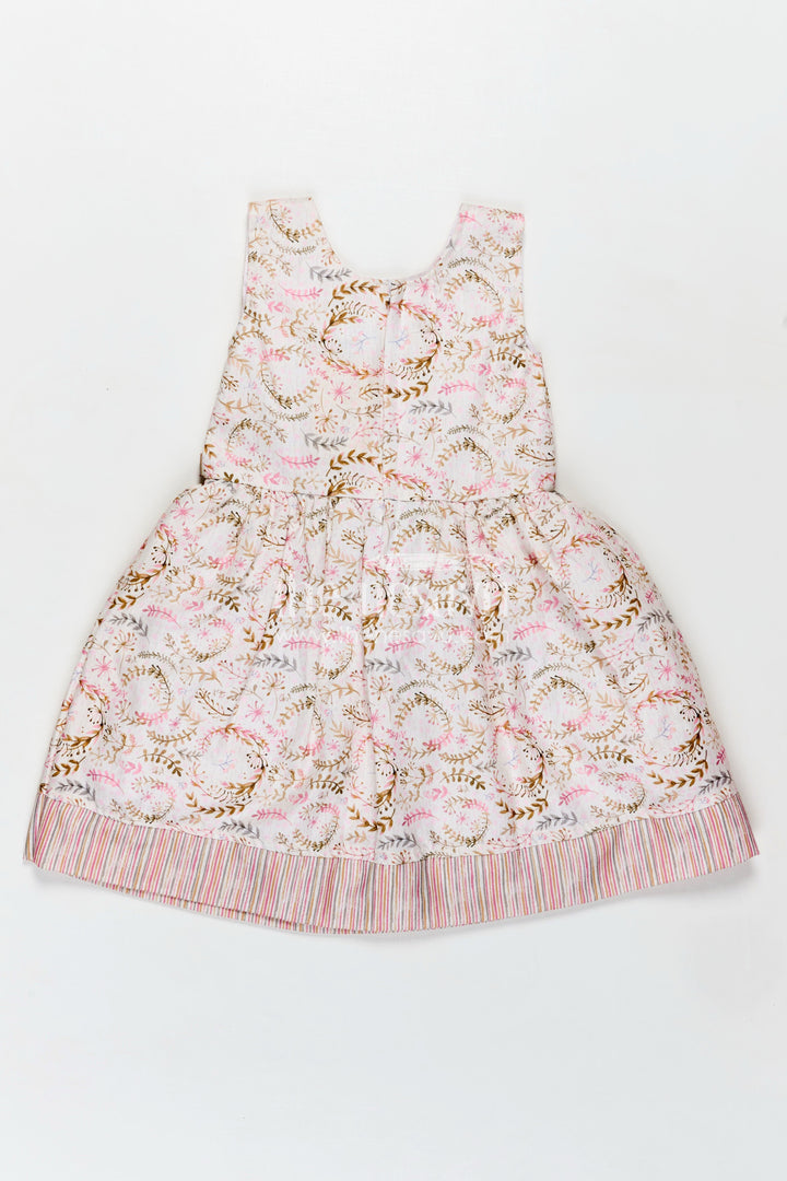 The Nesavu Girls Cotton Frock Girls Frock Belt Design in Flax Cotton with Pink Floral Digital Print and Striped Patch Pockets Nesavu Nesavu Girls Pink Floral Belted Frock Design Flax Cotton Pockets Applique