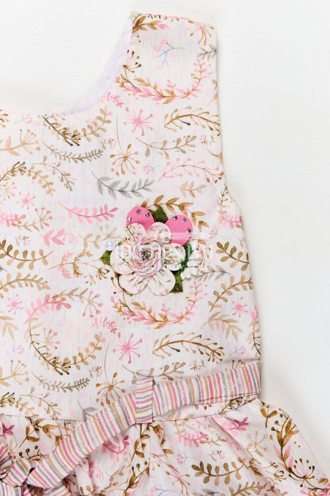 The Nesavu Girls Cotton Frock Girls Frock Belt Design in Flax Cotton with Pink Floral Digital Print and Striped Patch Pockets Nesavu Nesavu Girls Pink Floral Belted Frock Design Flax Cotton Pockets Applique