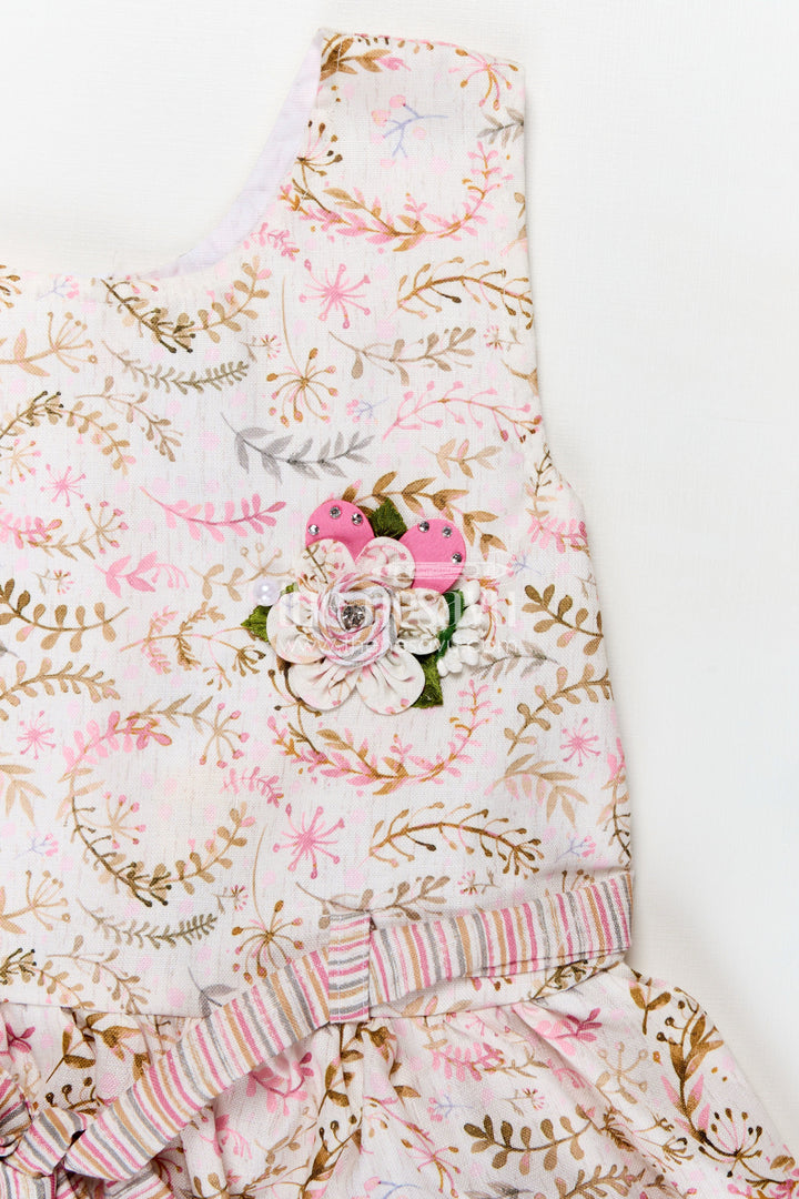 The Nesavu Girls Cotton Frock Girls Frock Belt Design in Flax Cotton with Pink Floral Digital Print and Striped Patch Pockets Nesavu Nesavu Girls Pink Floral Belted Frock Design Flax Cotton Pockets Applique
