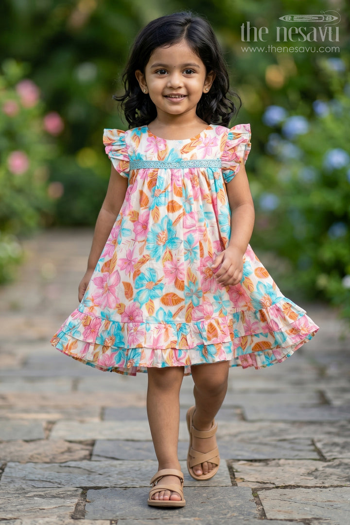 The Nesavu Girls Fancy Frock Girls Frock Dress Design in Multicolor Floral Modal Silk with Soft Pleats and Ruffle Accents Nesavu 18 (2Y) / Multicolor GFC1771A-18 Nesavu Girls Multicolor Floral Modal Silk Frock Dress Design Pleated Bodice Ruffle Hem