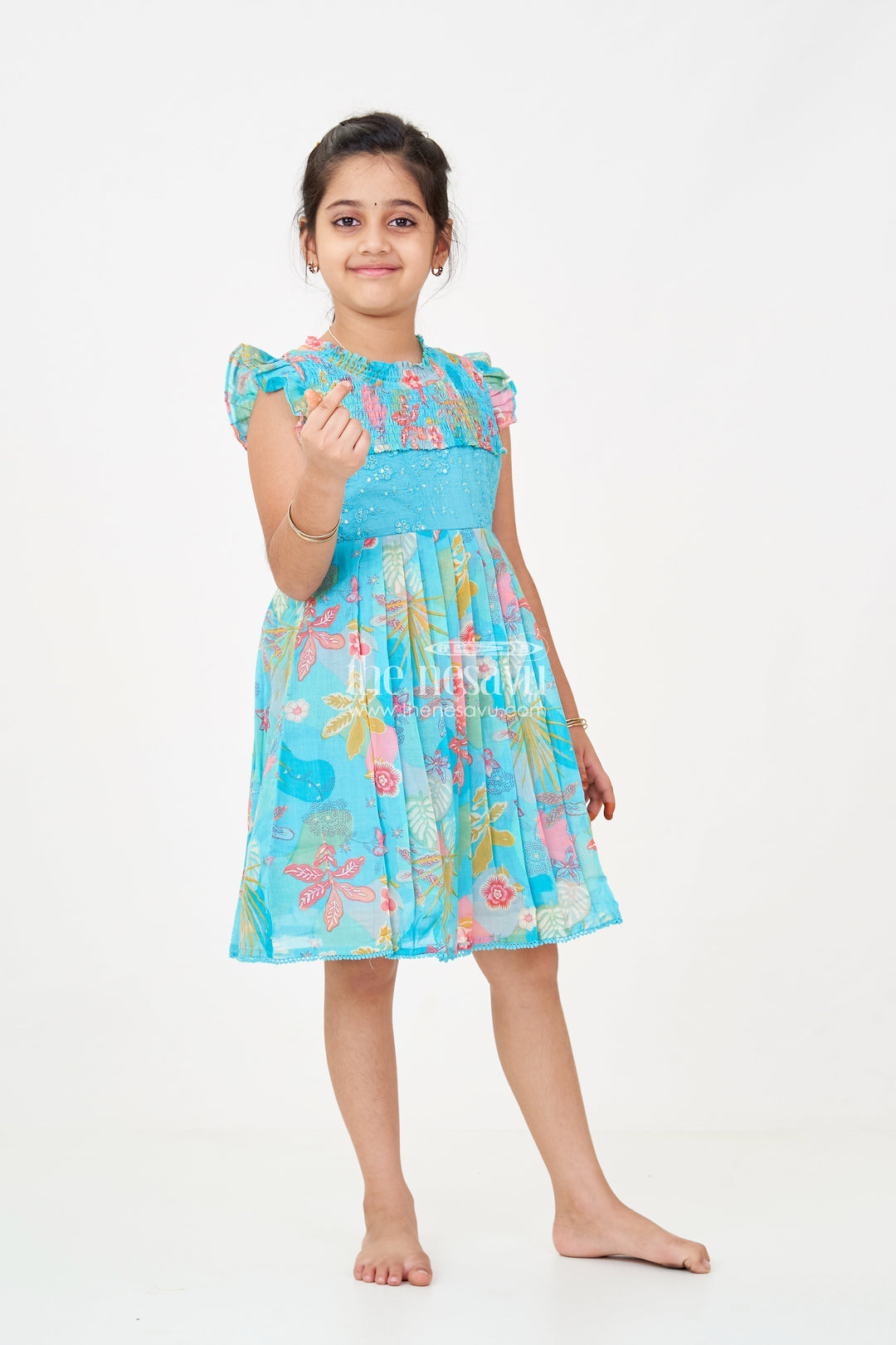 The Nesavu Girls Cotton Frock Girls Frock Eid Stylish Dress Design in Vibrant Floral Cotton with Sequin Accents and Pleated Skirt Nesavu 22 (4Y) / Blue GFC1720A-22 Girls frock eid stylish dress design Printed Cotton Sequin Embroidery Pleats | The Nesavu