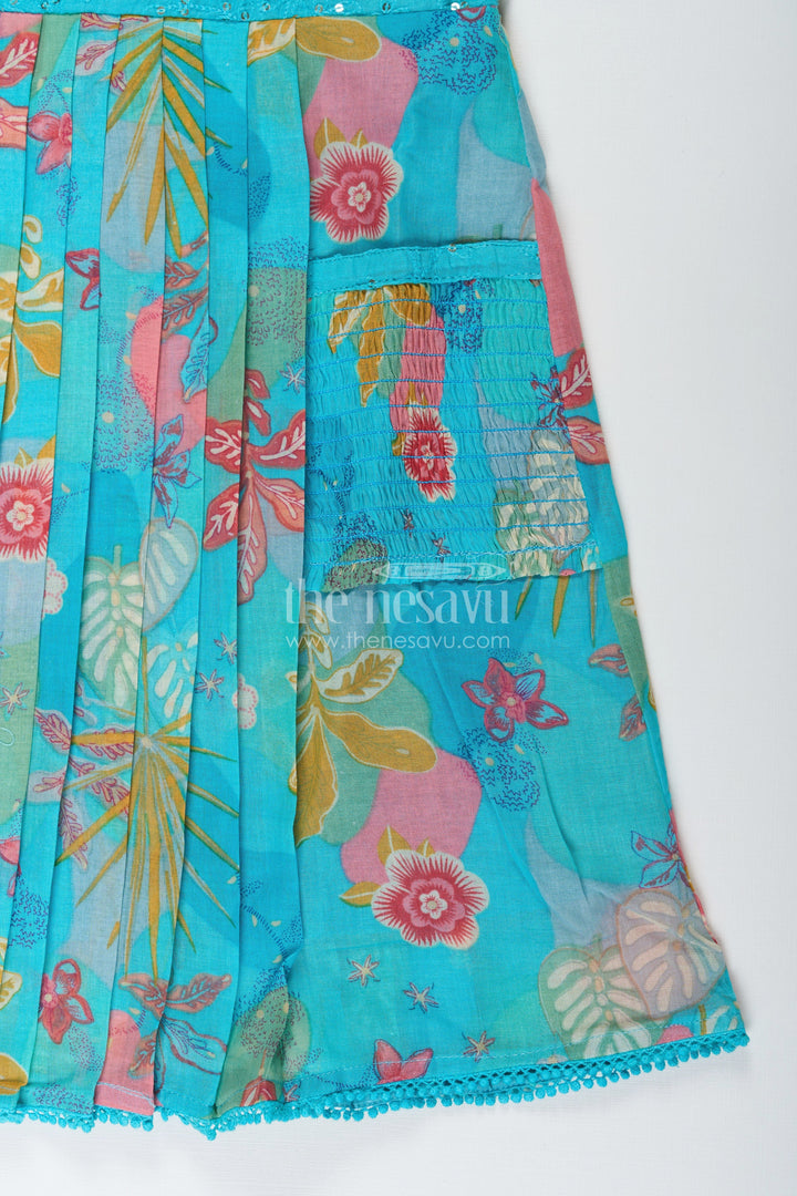 The Nesavu Girls Cotton Frock Girls Frock Eid Stylish Dress Design in Vibrant Floral Cotton with Sequin Accents and Pleated Skirt Nesavu Girls frock eid stylish dress design Printed Cotton Sequin Embroidery Pleats | The Nesavu