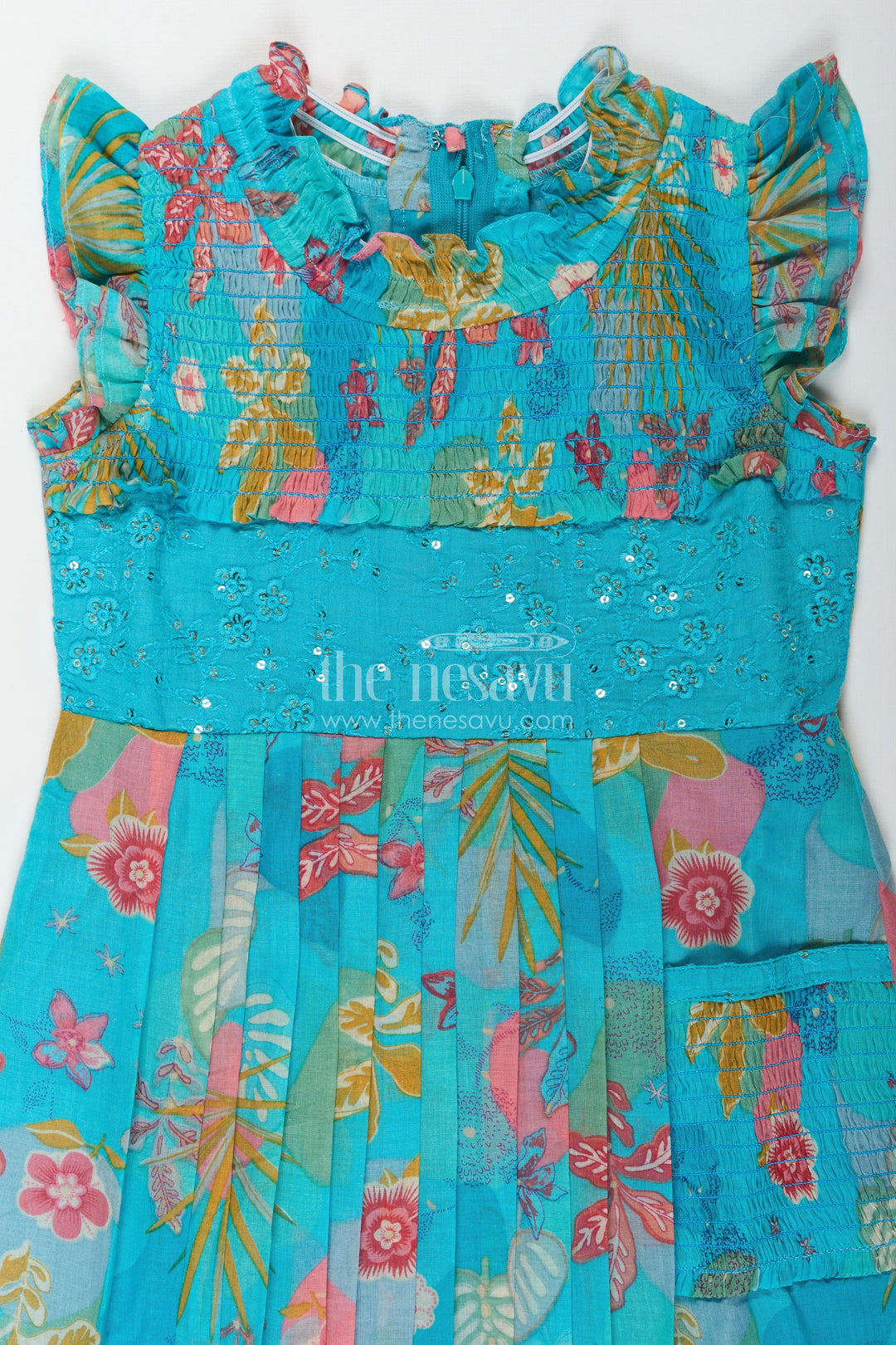 The Nesavu Girls Cotton Frock Girls Frock Eid Stylish Dress Design in Vibrant Floral Cotton with Sequin Accents and Pleated Skirt Nesavu Girls frock eid stylish dress design Printed Cotton Sequin Embroidery Pleats | The Nesavu