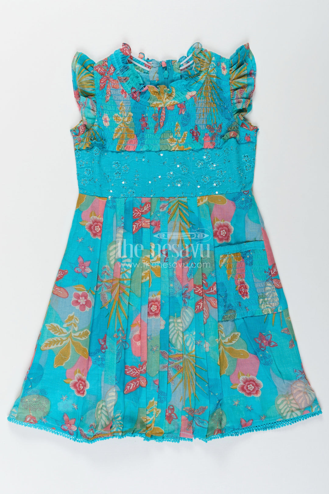 The Nesavu Girls Cotton Frock Girls Frock Eid Stylish Dress Design in Vibrant Floral Cotton with Sequin Accents and Pleated Skirt Nesavu Girls frock eid stylish dress design Printed Cotton Sequin Embroidery Pleats | The Nesavu