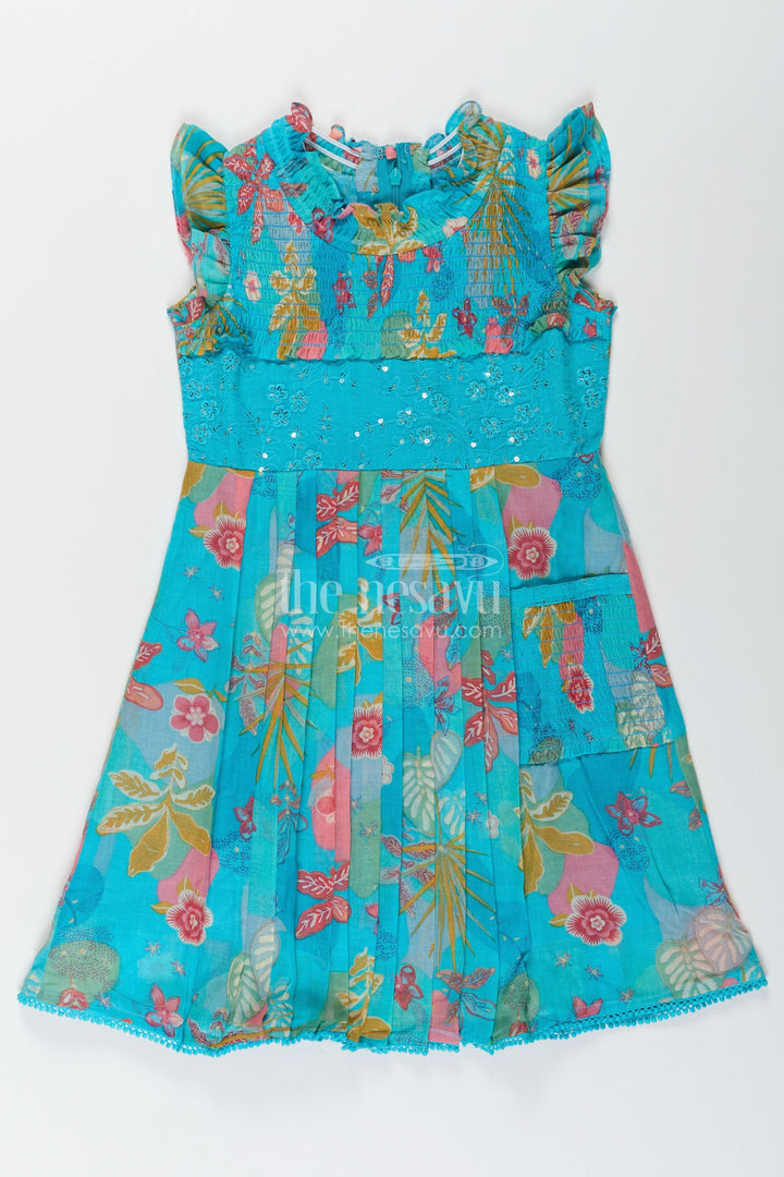 The Nesavu Girls Cotton Frock Girls Frock Eid Stylish Dress Design in Vibrant Floral Cotton with Sequin Accents and Pleated Skirt Nesavu Girls frock eid stylish dress design Printed Cotton Sequin Embroidery Pleats | The Nesavu