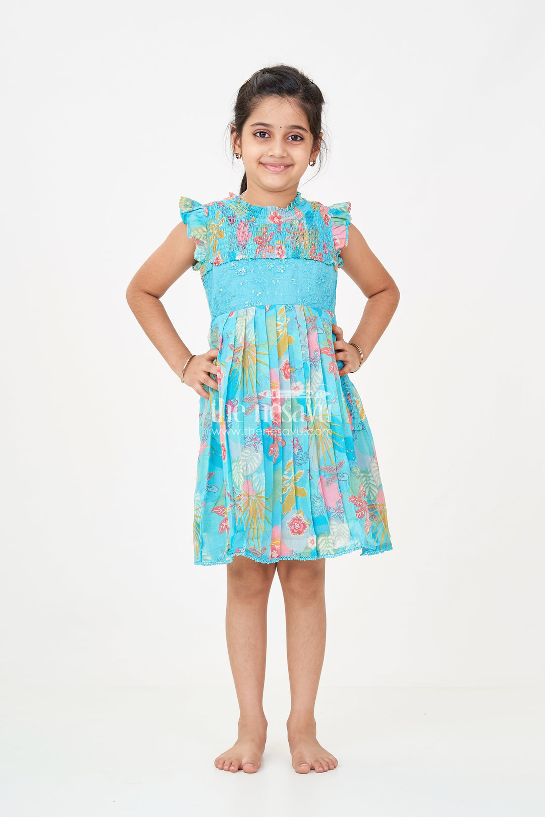 The Nesavu Girls Cotton Frock Girls Frock Eid Stylish Dress Design in Vibrant Floral Cotton with Sequin Accents and Pleated Skirt Nesavu Girls frock eid stylish dress design Printed Cotton Sequin Embroidery Pleats | The Nesavu