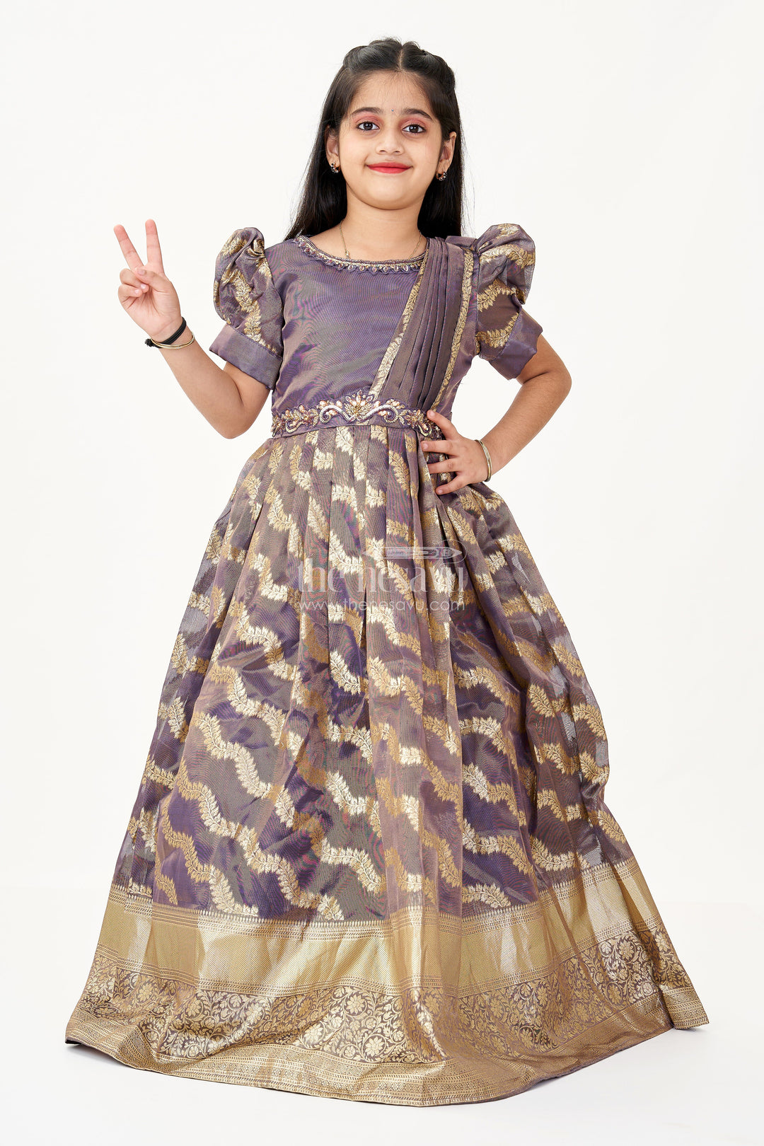 The Nesavu Girls Silk Gown Girls Frock Gown Design in Organza Banarasi Silk with Gold Zari Border and Puff Sleeves Nesavu 20 (3Y) / Purple GA308B-20 Nesavu Girls Frock Gown Design Organza Banarasi Silk Puff Sleeves Zari Border