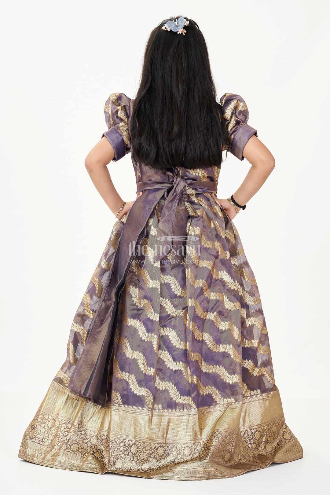 The Nesavu Girls Silk Gown Girls Frock Gown Design in Organza Banarasi Silk with Gold Zari Border and Puff Sleeves Nesavu Girls Frock Gown Design Organza Banarasi Silk Puff Sleeves Zari Border | The Nesavu