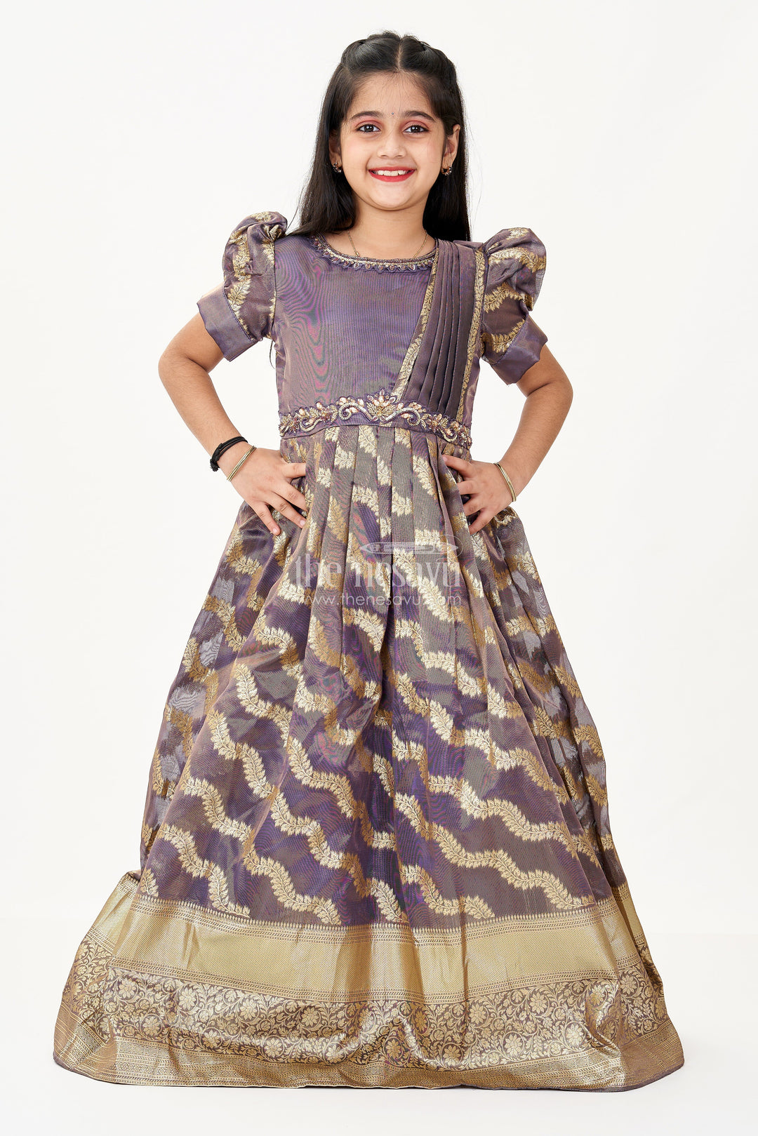The Nesavu Girls Silk Gown Girls Frock Gown Design in Organza Banarasi Silk with Gold Zari Border and Puff Sleeves Nesavu Girls Frock Gown Design Organza Banarasi Silk Puff Sleeves Zari Border | The Nesavu
