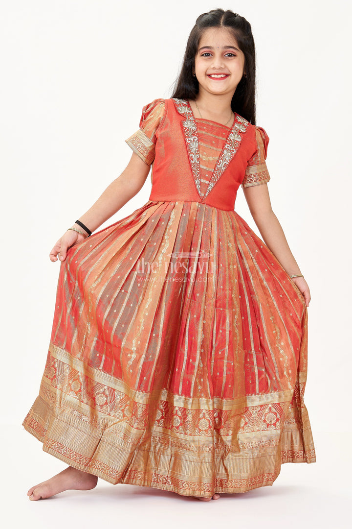 The Nesavu Girls Silk Gown Girls Frock Gown in Organza Silk Banarasi with Zari Border and Puff Sleeves Nesavu 18 (2Y) / Peach GA305B-18 Girls Frock Gown Organza Banarasi Silk Zari Border Puff Sleeves | The Nesavu